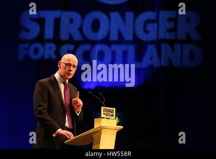 Stellvertretende erste Minister John Swinney spricht während der SNP-Frühjahrskonferenz am AECC in Aberdeen. Stockfoto