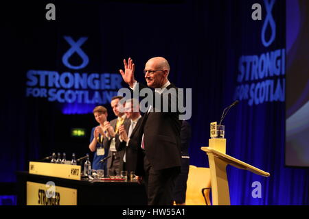 Stellvertretende erste Minister John Swinney spricht während der SNP-Frühjahrskonferenz am AECC in Aberdeen. Stockfoto