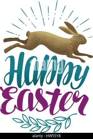 Frohe Ostern, Vintage Grußkarte. Urlaub-Label. Kaninchen, Hase Symbol. Schriftzug-Vektor-illustration Stock Vektor