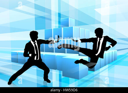 Geschäftsleute, die Kämpfe im Kampfsport oder Karate-Stil mit einer abstrakten blauen Hintergrund. Wettbewerb-Konzept Stockfoto