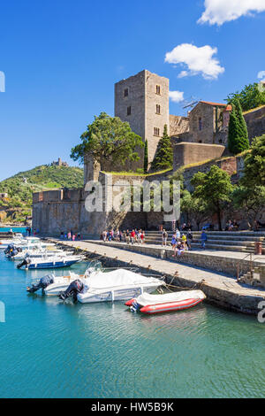 Das Château Royal mit Blick auf den kleinen Hafen von Collioure, Côte Vermeille, Frankreich Stockfoto