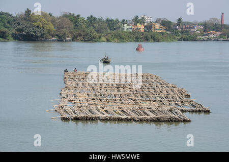 Indien, Kolkata (aka Kalkutta bis 2001) Hauptstadt des indischen Bundesstaates Westbengalen, Hooghly River. Die lokale Lebensart auf große Mengen von Bambus zu bewegen Stockfoto