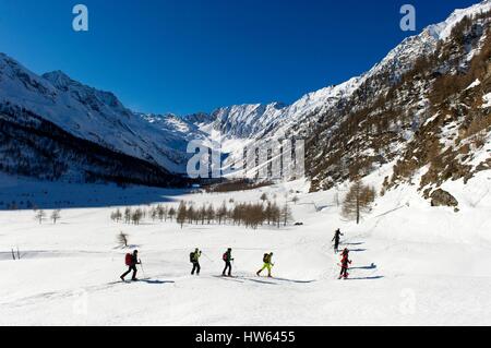 Italien, Piemont, Val Pellice, Gruppe von Backcountry Skifahrer aus der Jervis Zuflucht für den Gipfel Praroussin Stockfoto