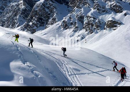 Italien, Piemont, Val Pellice, Gruppe von Backcountry Skifahrer unter der Leitung von Yvan Estienne Mountain Guide Menge in Richtung Col 2567 m Manzol Stockfoto