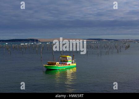 Frankreich, Gironde, Bassin d ' Arcachon, Cap Ferret, Pilat Dune mit der Bezeichnung Grand Site de Franceseen aus gesehen von Belisaire Anlegestelle Stockfoto