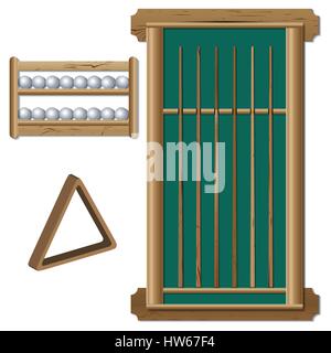 Eine Reihe von Lagerartikeln für Billardkugeln, Regal, Stand mit einer Reihe von verschiedenen hölzernen Hinweise, ein Dreieck für die Pyramide, Vektor-Illustration. Stock Vektor