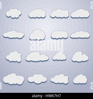 Satz von 16 weißen Wolken in verschiedenen Formen mit 3D-Effekten, Vektor-Illustration. Stock Vektor