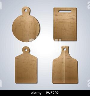 Eine Reihe von hölzernen Brettern zum Schneiden von Lebensmitteln verschiedener Formen, Elemente der Küchendesign, erste Reihe, Vektor-Illustration. Stock Vektor
