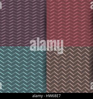 Satz von vier farbigen Musterdesigns im Zickzack, mit dem Effekt von 3D, verschiedene Neigungswinkel von Linien, Vektor-Illustration. Stock Vektor
