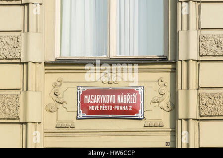 Straßenschild, Masarykovo Nabrezi, Nove Mesto, Prag, Tschechische Republik Stockfoto