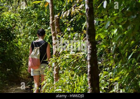 Schwarze behaarte junge Frau zu Fuß einen Weg durch einen dichten grünen Dschungel mit Canvas Rucksack an sonnigen Tag. Stockfoto