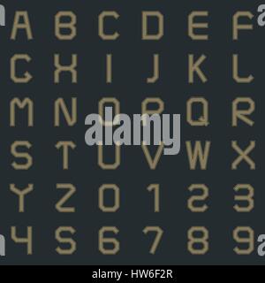 Buchstaben des lateinischen Alphabets und Zahlen von eins, zwei, drei, vier, fünf, sechs, sieben, acht, neun im Retro-Stil Vektor-Illustration. Stock Vektor