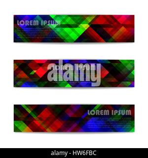 Set von drei rechteckigen Web-Banner mit Platz für Text, heller abstrakten Hintergrund der überlappende Quadrate, Banner-Design-Vorlage, Vektor illustrati Stock Vektor