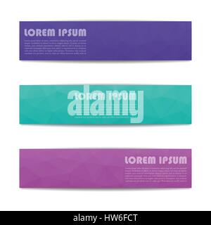 Satz von drei rechteckigen Web-Banner mit Platz für Text, bunte polygonale Muster aus Dreiecken, Banner-Design-Vorlage, Vektor-Illustration. Stock Vektor