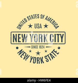 Runde blaue Grunge-Stempel mit dem Text New York City, isoliert auf einem gelben Hintergrund. Design-Elemente für den Druck auf T-shirts, Vektor-Illustration. Stock Vektor