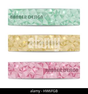Satz von drei rechteckigen Web-Banner mit Platz für Text, bunte polygonale Muster aus Dreiecken, Banner-Design-Vorlage, Vektor-Illustration. Stock Vektor