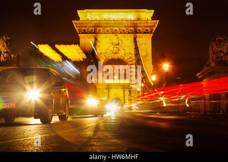 Kettenbrücke über die Donau am Abend Ingenieur William Tierny Clark. Budapest Ungarn, Südost-Europa Stockfoto