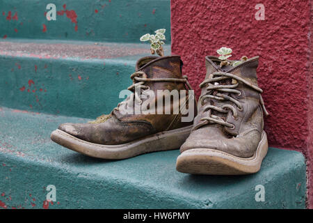 Ein paar funky alte Stiefel zu Pflanzer auf bunten Veranda Schritte gemacht Stockfoto