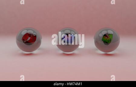 Drei Glas Kugel Vorderansicht Hintergrund 3d Render, arbeiten Stockfoto