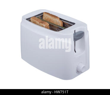 Zwei Scheiben Brot im Toaster isoliert auf weißem Hintergrund gekocht. Stockfoto