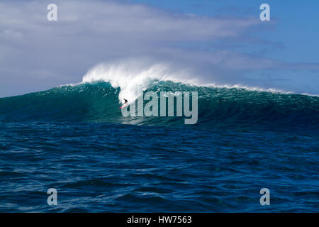 Eine Surfer reitet eine große Ozeanwelle auf der North Shore von Oahu Hawaii in der Nähe von Haleiwa Stockfoto