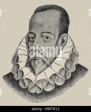 Miguel de Cervantes Saavedra (1547-1616) aus dem 16. Jahrhundert. Spanischer Schriftsteller, Don Quijote, Portrait, Gravur Stockfoto