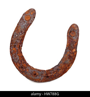 Alte rostige Hufeisen isoliert auf weißem Hintergrund. Blick von oben auf Rückseite. Stockfoto