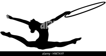 Mädchen Turnerin Spagat springen Hoop in der rhythmischen Sportgymnastik schwarze silhouette Stockfoto