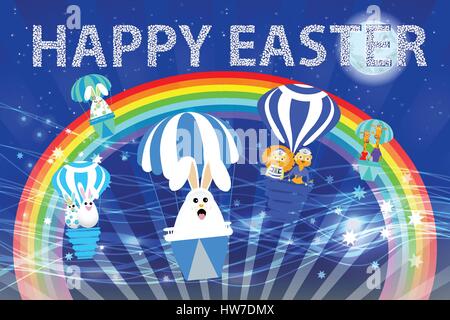 Ostern-Hintergrund. Abbildung. Für die Gestaltung der Osterferien. Eiern mit Schnauzen auf den Heißluftballon fliegen Stock Vektor