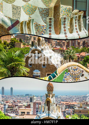 Collage der Park Güell in Barcelona, Spanien Stockfoto