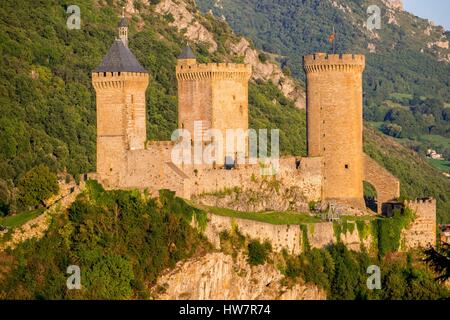 Frankreich, Ariege, Foix, Gaston Phoebus contal Burg der Grafen von Foix und mit Blick auf die Stadt Stockfoto