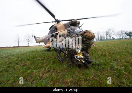 Frankreich, Tarn, Castres, In der Sidobre, Bekämpfung von militärischen Übungen, Aktion Fallschirmjäger 8. RPIMA Terroristen zu lösen, sich selbst organisieren, die Verwundeten zu übertragen. Stockfoto