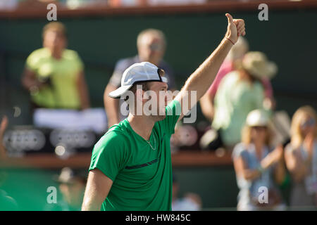 Indische Brunnen, Kalifornien, USA. 17. März 2017. Jack Sock, USA, besiegte Kei Nishikori, JPN, 2-6, 6-3, 6-2, bei der PNB Paribas Open gespielt wird bei den Indian Wells Tennis Garden in Indian Wells, Kalifornien. © Mal Taam/Tennisclix Credit: Csm/Alamy Live-Nachrichten Stockfoto