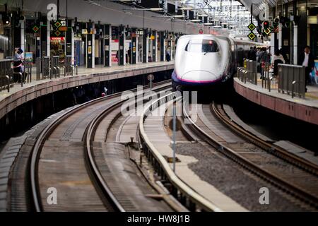 Japon, Ile de Honshu, Tokio, Gare Centrale, Quai de la Gare Centrale de Tokio, Shinkansen ankommen à la Gare Centrale de Tokyo/Japan, Insel Honshu, Tokio, Shinkansen am zentralen Bahnhof von Tokio ankommt Stockfoto