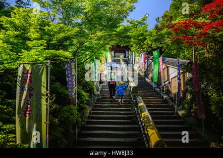 Japan, Insel Honshu, Präfektur Hiroshima, Insel Miyajima, eine Frau und Kind zu Fuß die Treppe zum Tempel Daisho-in auf der Insel Miyajima Stockfoto