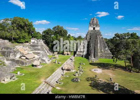 Guatemala, Petén Abteilung Tikal Nationalpark, ein UNESCO-Weltkulturerbe Website, Gran Plaza Tempel ich oder Tempel des großen Jaguar Stockfoto