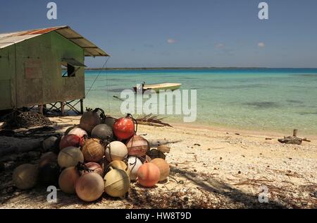 Frankreich, Französisch-Polynesien, Aranui 5 Frachter und Passagier Kreuzfahrtschiff des Marquesas Archipels Anlaufhafen in Takapoto Atoll, Kabine an der Lagune Stockfoto