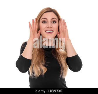 Junge, blonde Frau hören Klatsch hautnah. Stockfoto