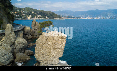 CADREGA des Rock, maritimen Pinie, Luftaufnahme, Uferpromenade zwischen Santa Margherita Ligure und Portofino, Paraggi, Ligurien, Italien Stockfoto