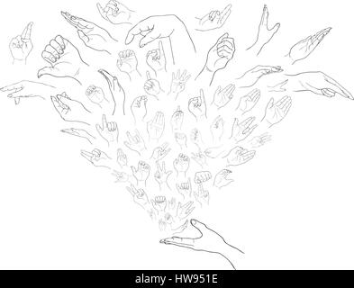 Skizze der verschiedenen Handzeichen in einer offenen Hand, Isolated on White Background. Stock Vektor