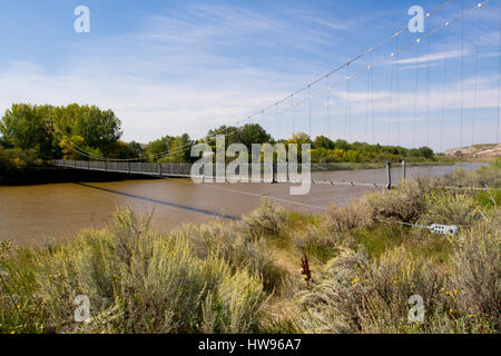 Sterne-Mine Hängebrücke, ein 117 Meter lange Fußgänger-Hängebrücke über den Red Deer River nahe Rosedale, Alberta, Kanada Stockfoto