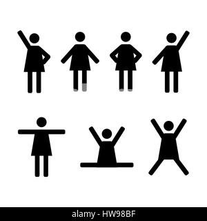Eine Reihe von Strichmännchen, schwarze Womans Silhouetten auf einem weißen Hintergrund in verschiedenen Posen und Stellungen, die Symbole Menschen, Vektor-Illustration. Stock Vektor