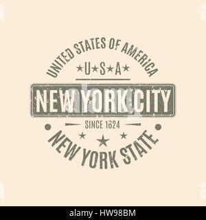 Runde Grunge-Stempel mit dem Text New York City isoliert auf einem gelben Hintergrund. Design-Elemente für den Druck auf T-shirts, Vektor-Illustration. Stock Vektor
