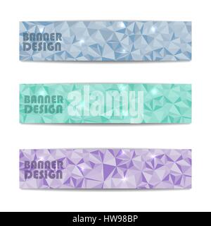 Satz von drei rechteckigen Web-Banner mit Platz für Text, bunte polygonale Muster aus Dreiecken, Banner-Design-Vorlage, Vektor-Illustration. Stock Vektor