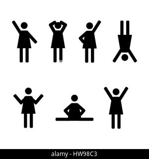 Eine Reihe von Strichmännchen, schwarze Womans Silhouetten auf einem weißen Hintergrund in verschiedenen Posen und Stellungen, die Symbole Menschen, Vektor-Illustration. Stock Vektor
