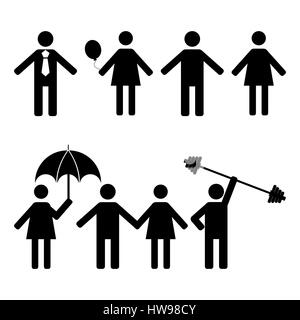 Eine Reihe von Strichmännchen, schwarze Womans und Mens Silhouetten auf einem weißen Hintergrund in verschiedenen Posen und Stellungen, die Symbole Menschen, Vektor-Illustration. Stock Vektor