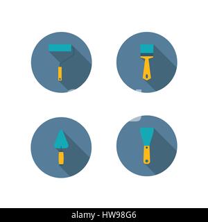 Symbole für Reparatur und Bau, Walzen und Pinsel zum Malen,, mit lange Diagonale Schatten Kelle gesetzt. Flachen Stil, isoliert auf weißem Hintergrund, Stock Vektor