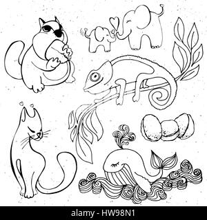 Süße Tiere Silhouette - Cartoon Hamster, Wale, Elefanten, Chamäleon Stock Vektor
