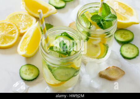 Wasser-Sassi. Erfrischendes Sommergetränk mit Zitrone, Ingwer, frische Gurken und Minze. Das Konzept der gesunden und diätetische Ernährung. Stockfoto