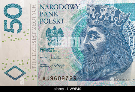 Polnische Geld Rechnung 50 Zloty Makro mit Porträt des Königs von Polen Casimir III das große. Stockfoto